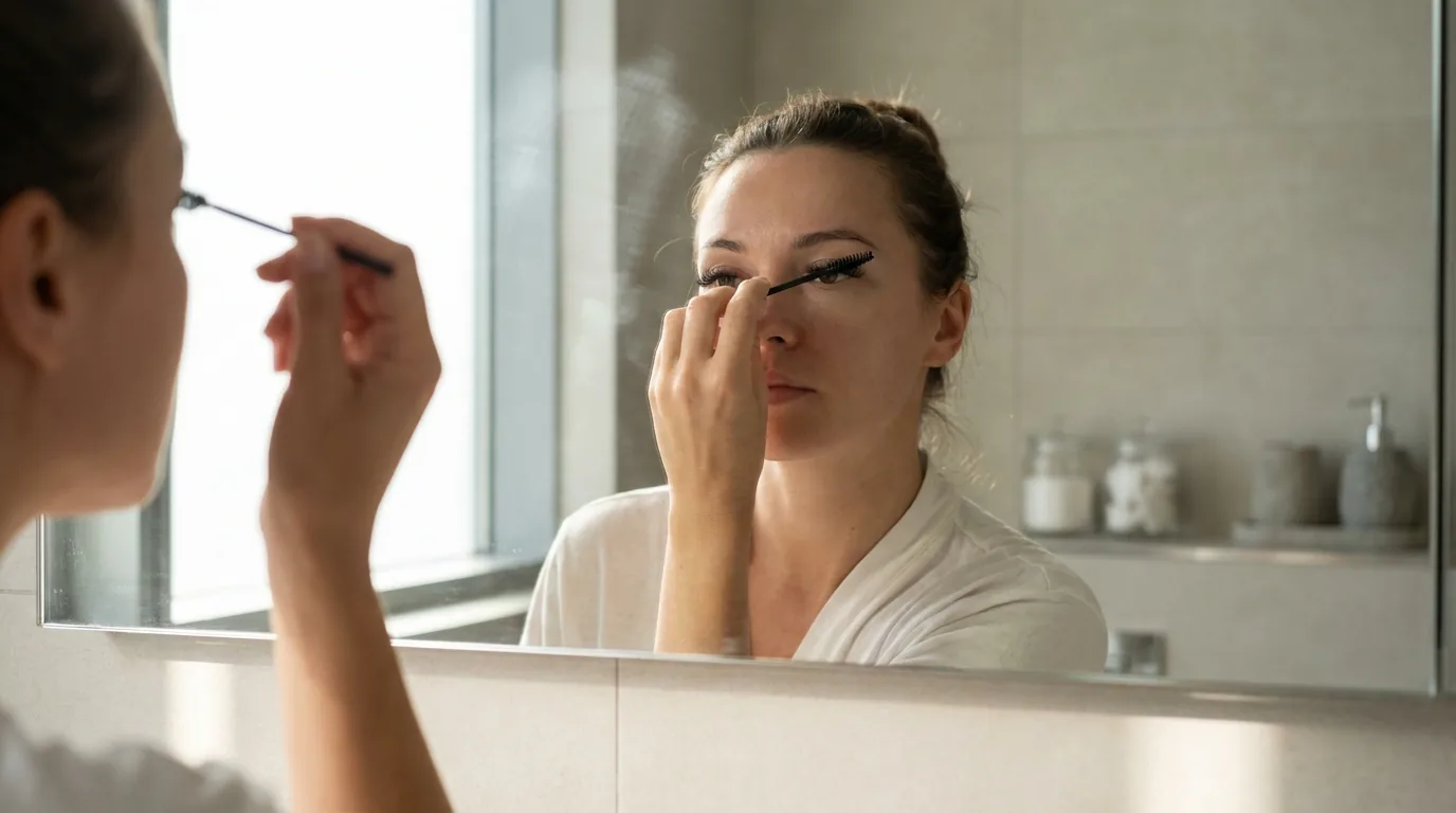 lash artist brushing eyelash extensions with a spoolie for longer retention
