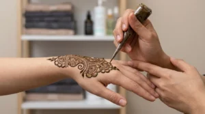 how long does henna last: henna artist applying natural mehndi paste to a hand in a Dubai studio