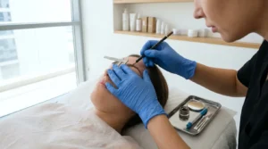 microblading cost in dubai: permanent makeup artist mapping hair-stroke brows on a client in a dubai studio
