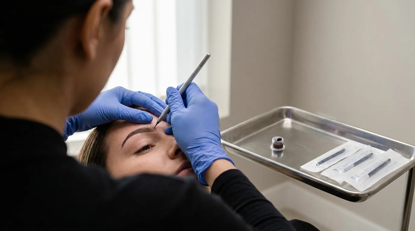 microblading dubai price factors: permanent makeup artist drawing hair-stroke brows on a client in a Dubai brow studio