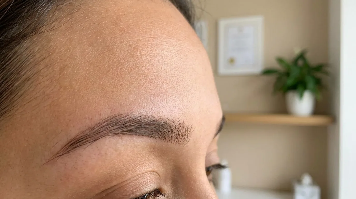 microblading dubai offer comparison: close-up of healed natural hair-stroke eyebrows after a permanent makeup session