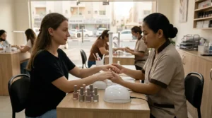how much is a manicure and pedicure: nail technician working on a client at a mid-tier Dubai salon