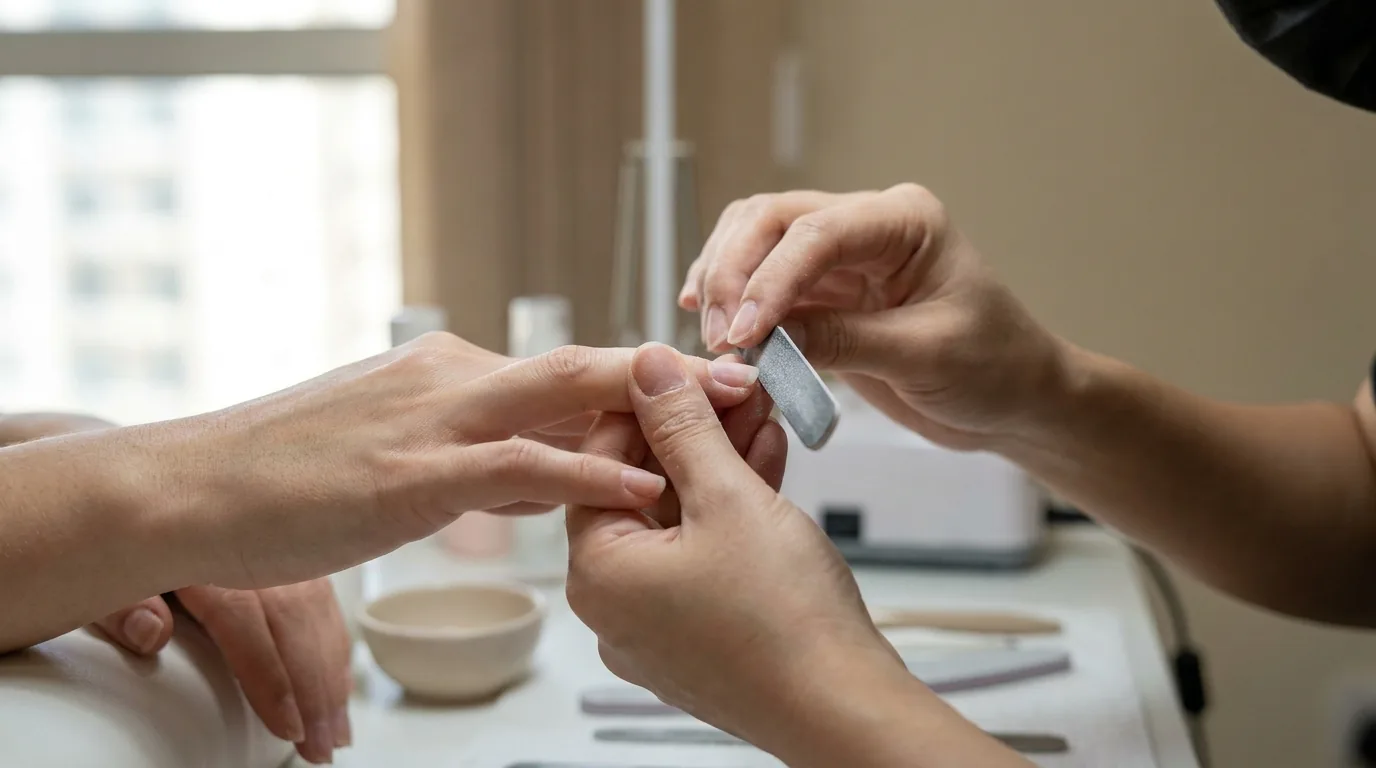 how much is a manicure and pedicure inline 1 manicure and pedicure price dubai: nail technician shaping a client nail at a mid-tier salon station