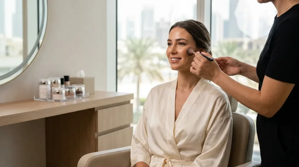 how much is bridal makeup dubai price: artist applying blush to a bride before her wedding with the city skyline behind