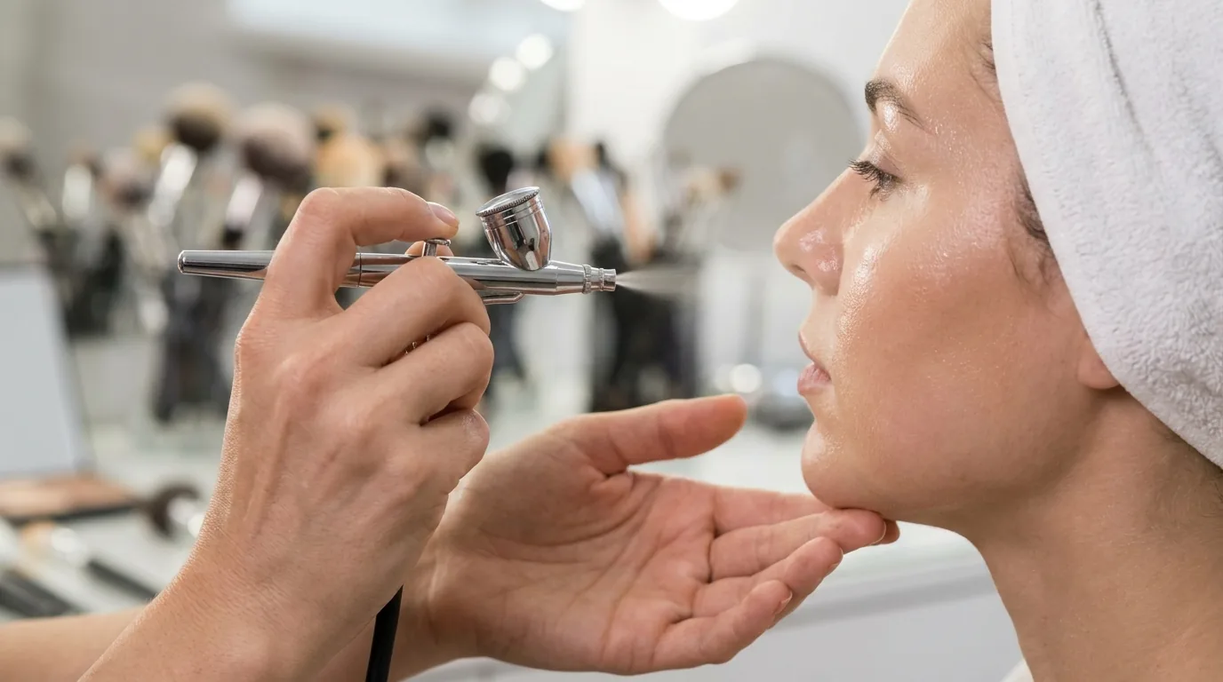 how much is bridal makeup inline 1 bridal makeup price factors: artist applying airbrush foundation to a seated bride before a Dubai wedding