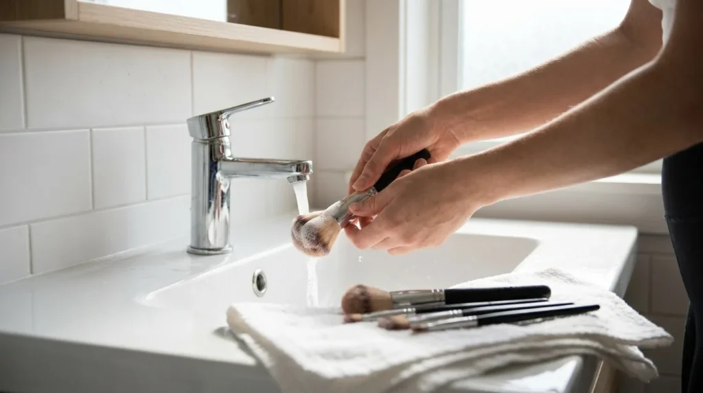 how often should you clean makeup brushes: hands washing a kabuki brush under a running tap with brushes drying on a towel