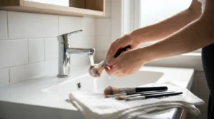 how often should you clean makeup brushes: hands washing a kabuki brush under a running tap with brushes drying on a towel