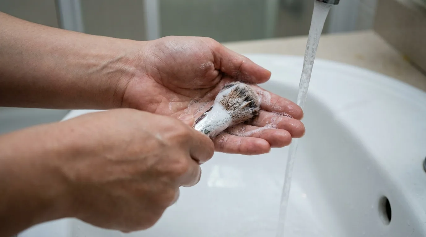 how to clean makeup brushes: bristles being lathered with gentle cleanser under lukewarm water over a sink