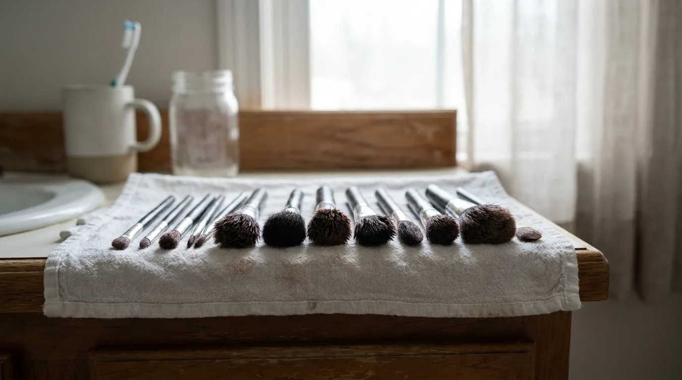 how often should you replace makeup brushes: clean brushes laid flat to dry on a folded towel with bristles over the counter edge