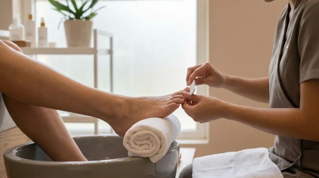 how often should you get a pedicure: nail technician filing a clients toenail during a pedicure in a dubai salon