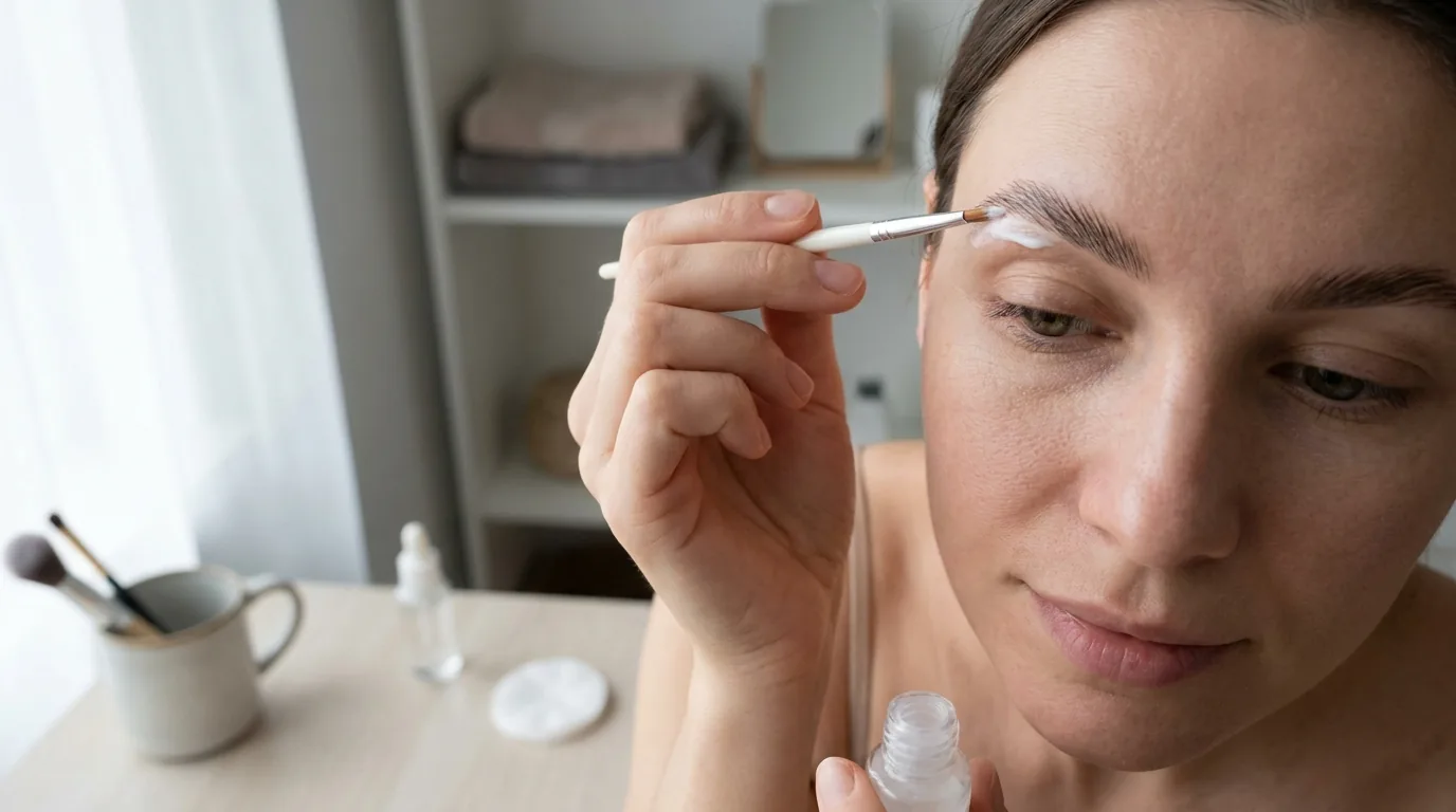 how to do brow lamination at home inline 1 how to do brow lamination at home: hands combing brow hairs upward with a spoolie under bright bathroom light