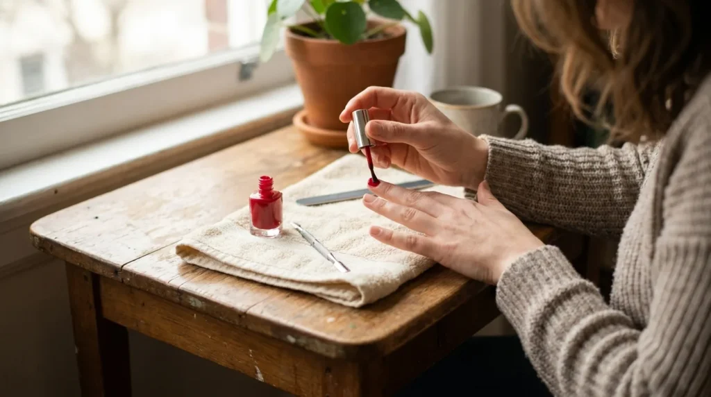 How to do manicure at home: a woman painting her own nails with red polish at a wooden table by a window