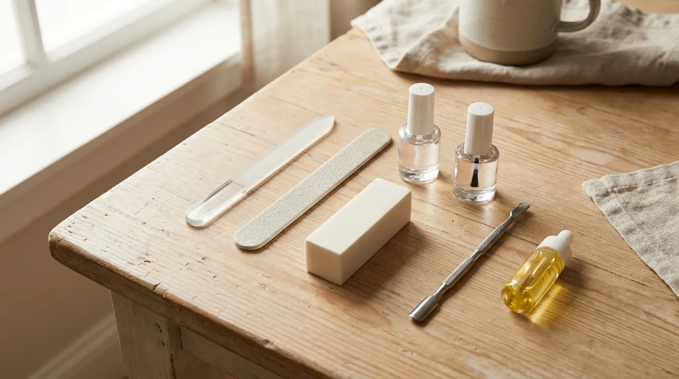 at-home manicure kit on a wooden table: glass nail file, emery board, buffer, base and top coat, cuticle pusher and cuticle oil