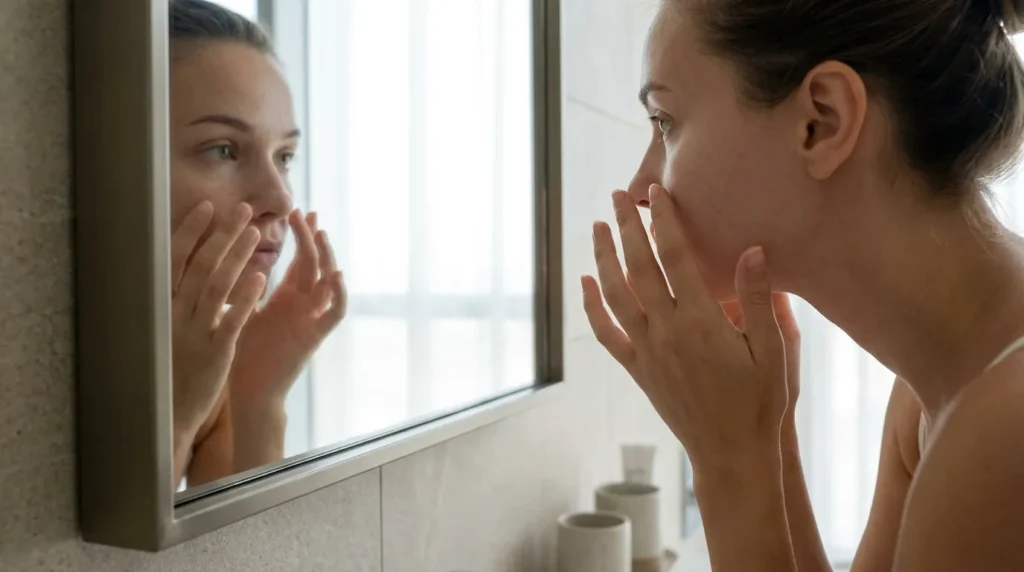 how to get rid of blackheads: woman checking her skin and pores in a bright Dubai bathroom mirror