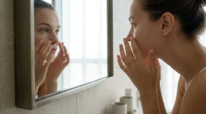 how to get rid of blackheads: woman checking her skin and pores in a bright Dubai bathroom mirror