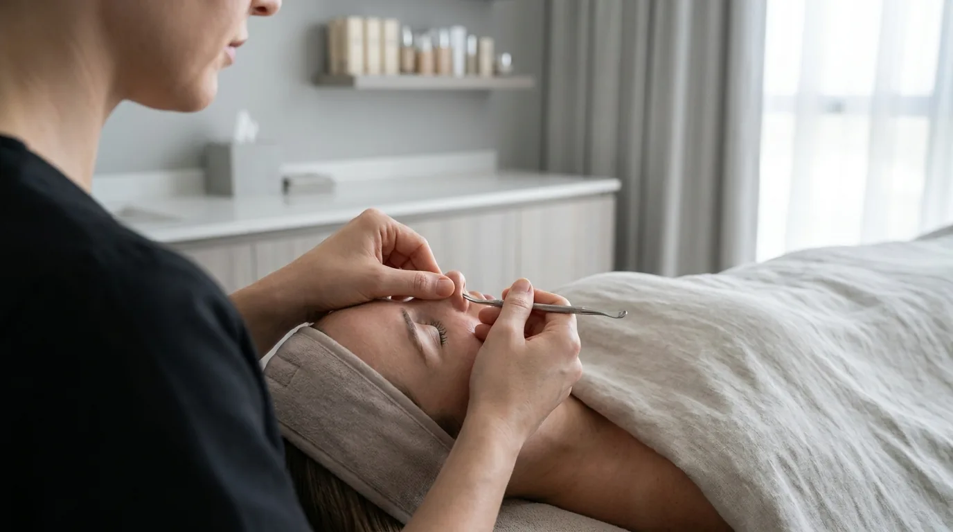 how to get rid of blackheads inline 2 licensed therapist using a comedone extractor for a professional blackhead extraction in a Dubai skin clinic