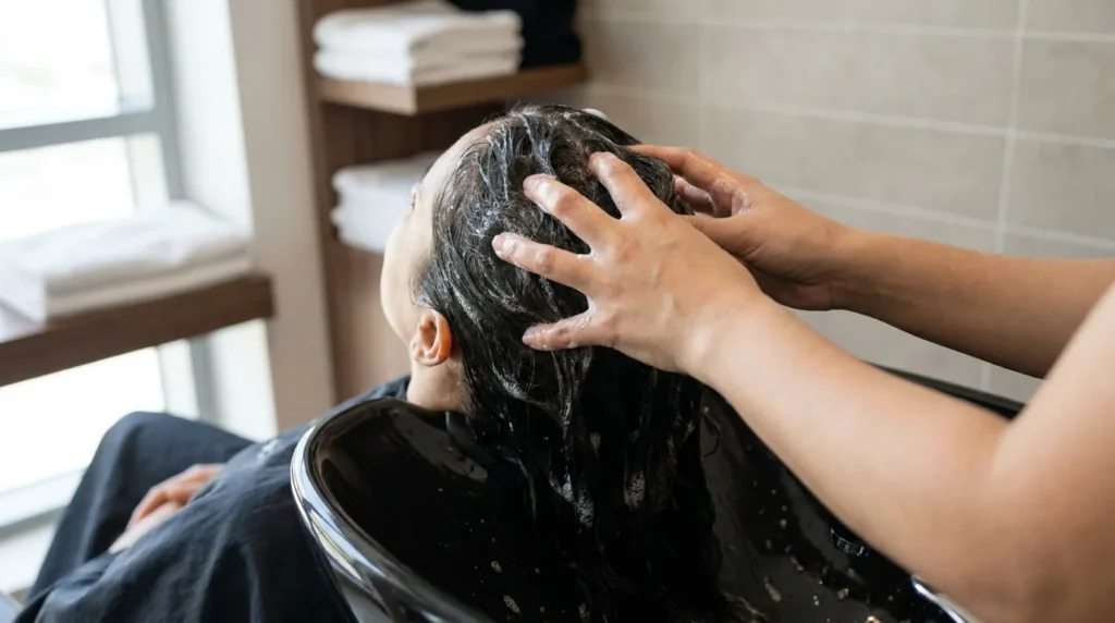 how to get rid of dandruff: hairdresser massaging shampoo into a clients scalp at a Dubai salon wash basin