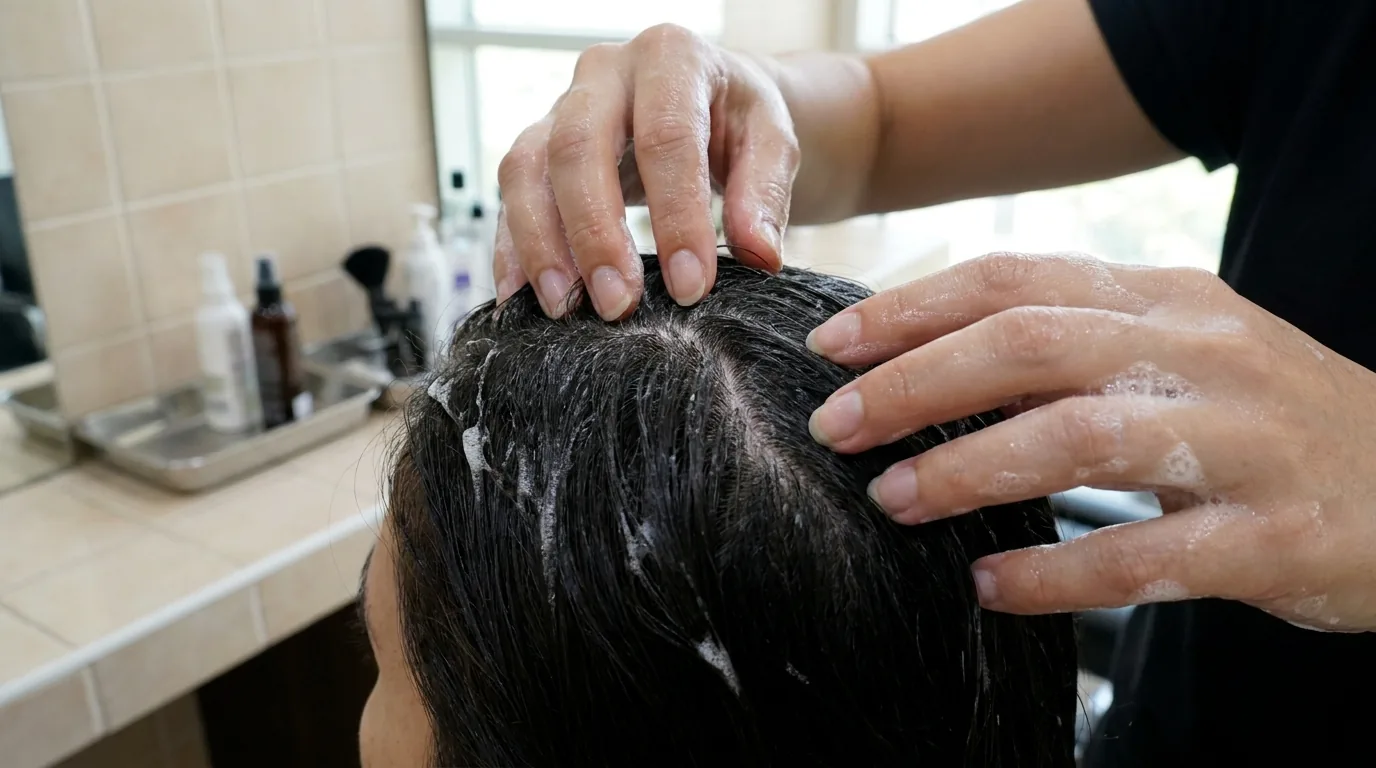 how to get rid of dandruff inline 1 anti dandruff shampoo massaged into the scalp during a Dubai salon scalp treatment
