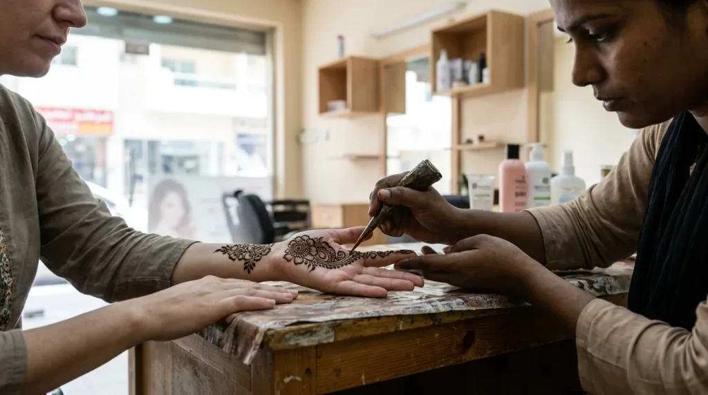 how to make henna darker: a henna artist applying a fresh mehndi design to a client palm at a dubai salon