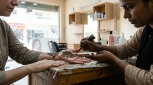 how to make henna darker: a henna artist applying a fresh mehndi design to a client palm at a dubai salon