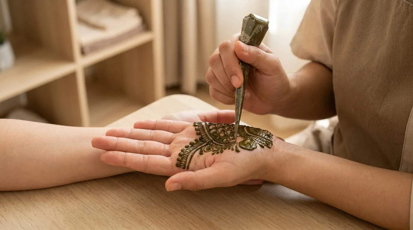 henna artist piping a fresh mehndi design on a client palm at a dubai salon