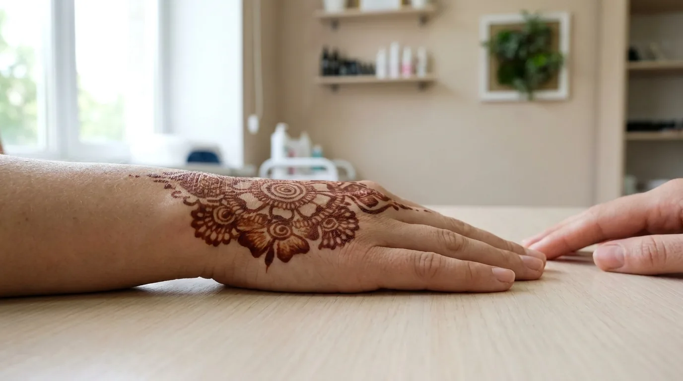 developed deep reddish-brown henna stain on the back of a hand after two days