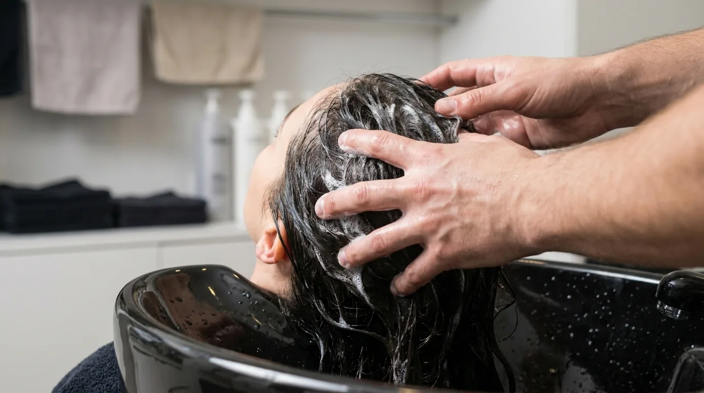 how to remove dandruff buildup: fingertips parting hair to apply medicated shampoo to the scalp