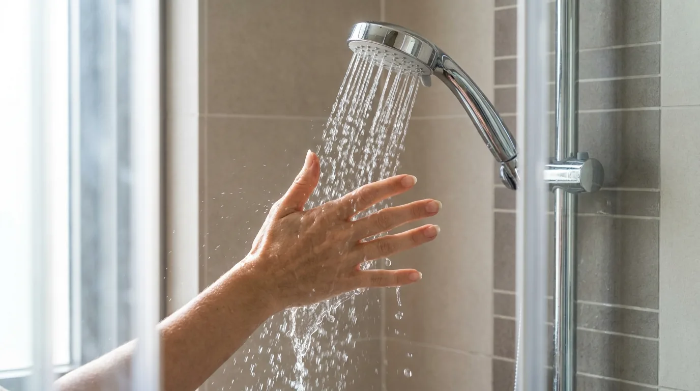 why dandruff returns in Dubai: hard water running over a hand under a shower in a Dubai bathroom