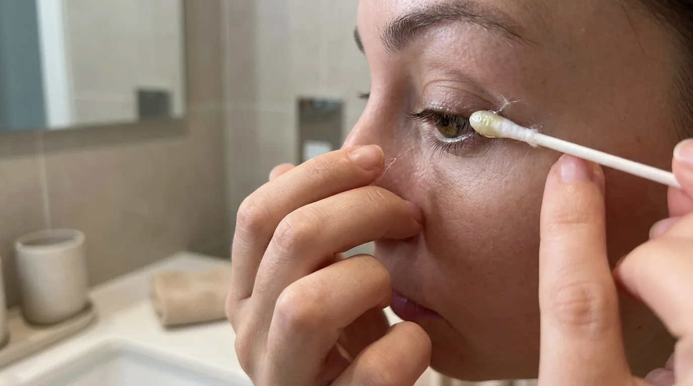 removing eyelash extensions at home with oil on a cotton swab along the lash line