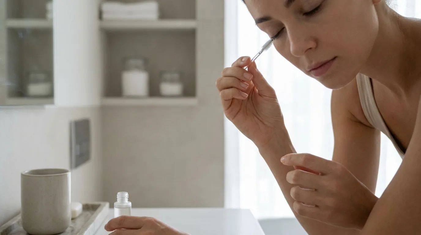 applying a lash conditioning serum with a spoolie during eyelash extension aftercare