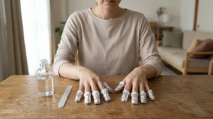how to remove gel nail polish at home: hands soaking foil-wrapped fingertips in acetone at a home table