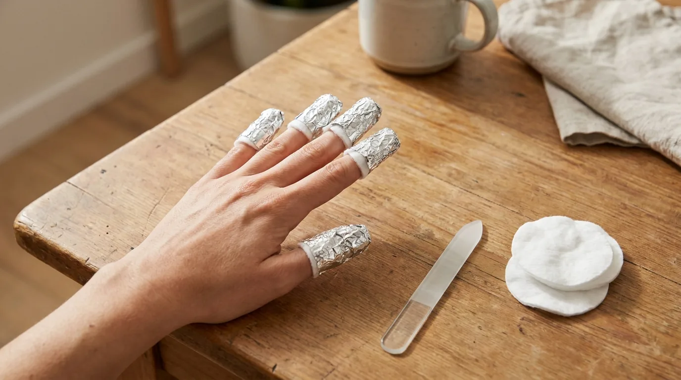 how to remove gel nail polish at home inline 1 hands wrapped in aluminium foil soaking off gel nail polish with acetone on a home table