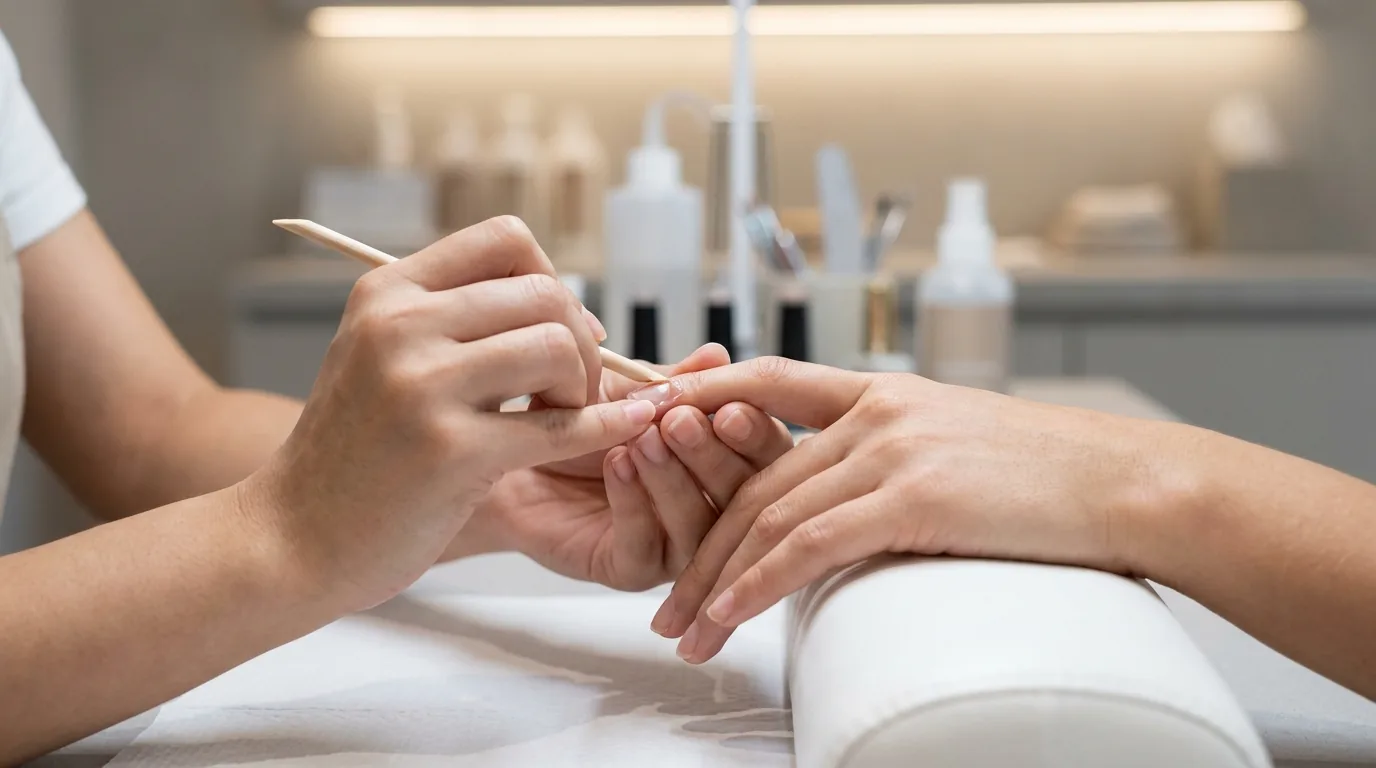 how to remove gel nail polish at home inline 2 nail technician using a cuticle pusher to ease softened gel polish off a natural nail in a dubai salon