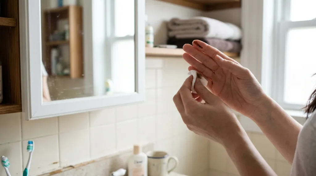 how to remove hair color from skin: woman wiping a dye stain off her fingertip with a cotton pad at a home bathroom mirror