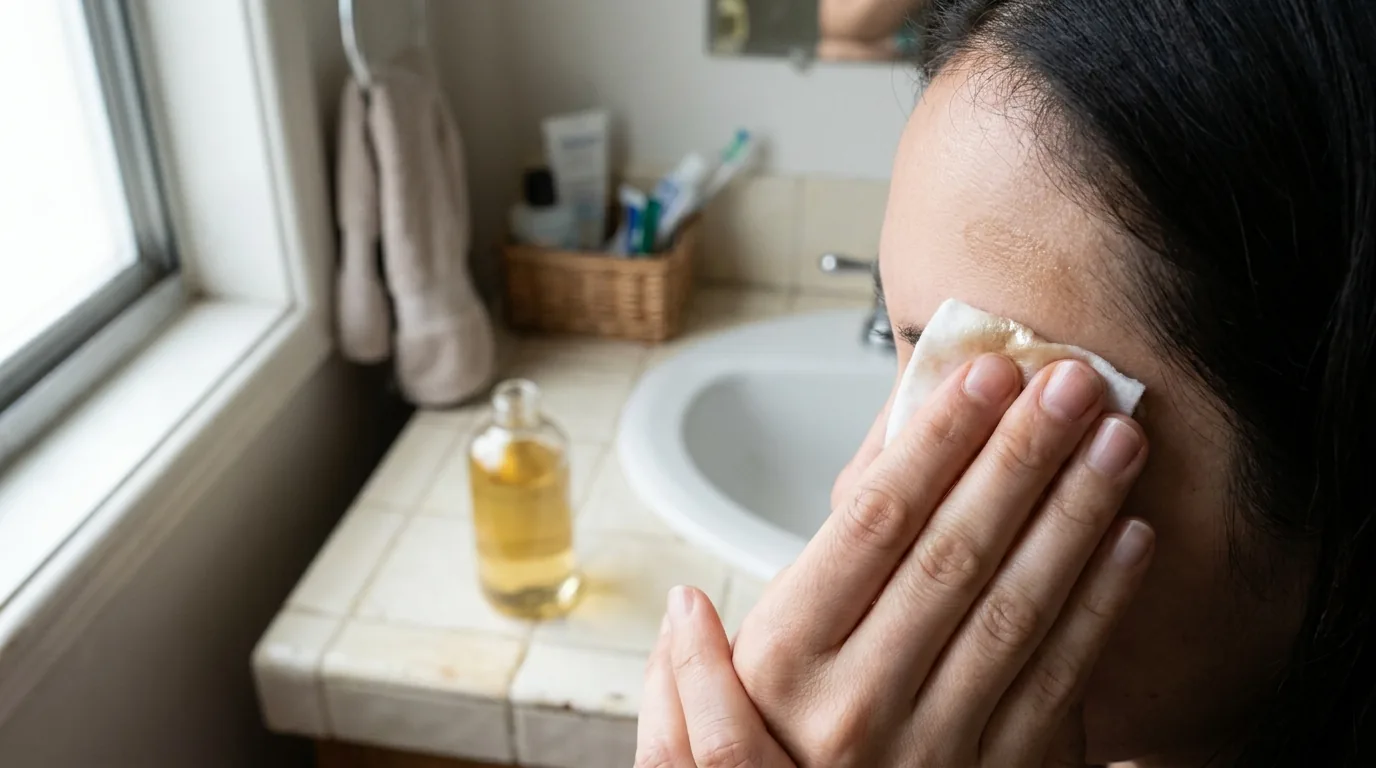 removing a hair dye stain from the hairline with olive oil on a cotton pad over a home bathroom basin