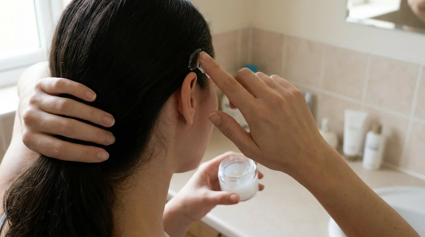 applying a petroleum jelly barrier balm along the hairline before coloring hair to prevent skin stains