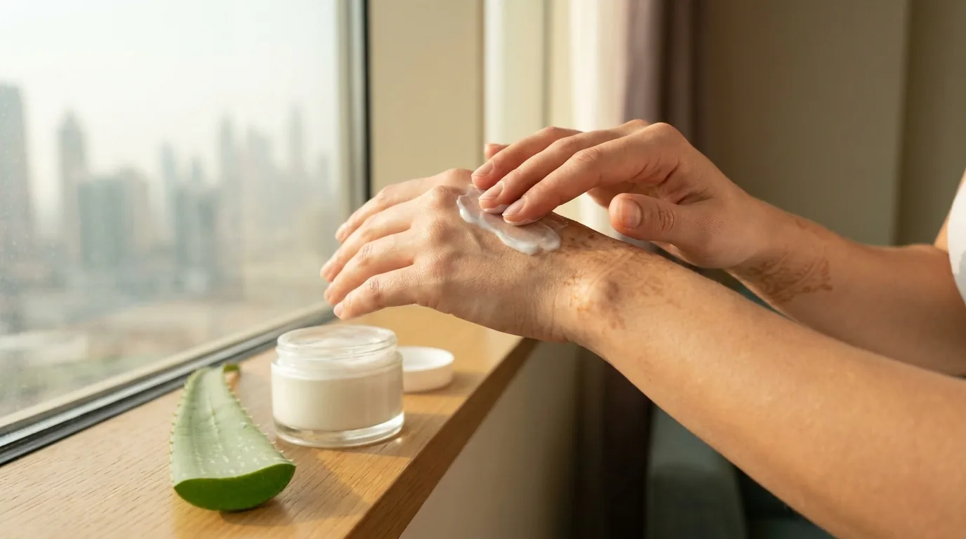 how to remove henna inline 2 applying moisturiser to faded henna on the hands by a window with the Dubai skyline behind