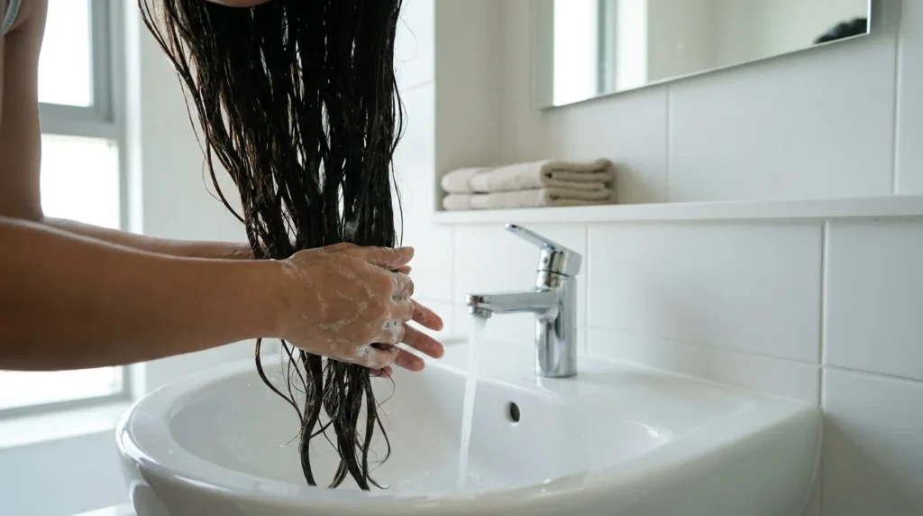 how to remove keratin treatment from hair at home: woman washing long hair over a home bathroom basin to fade the treatment