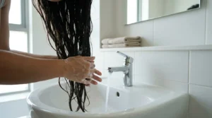 how to remove keratin treatment from hair at home: woman washing long hair over a home bathroom basin to fade the treatment