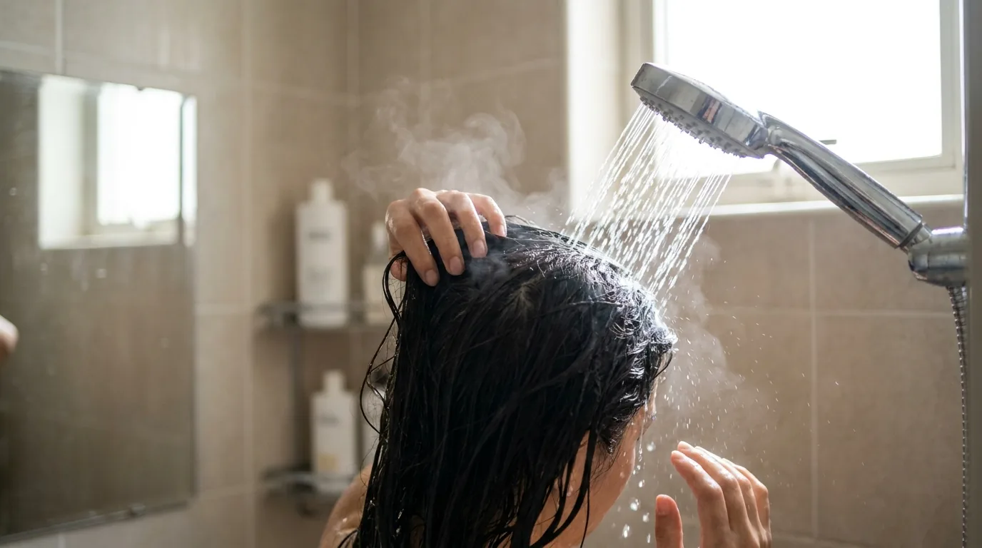 rinsing wet hair under a shower head in a Dubai bathroom to manage hard water