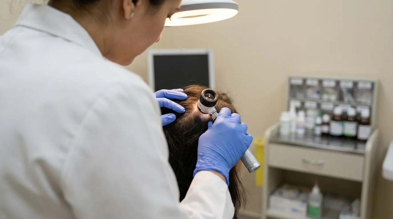 dermatologist examining a scalp with a dermatoscope to diagnose hair fall in a Dubai clinic