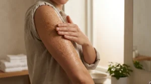 how to use a body scrub: person applying sugar scrub to a damp upper arm in a clean Dubai bathroom