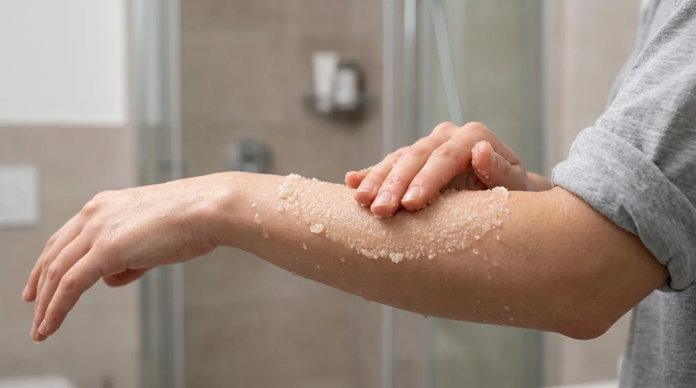 how to use body scrub inline 1 how to use a body scrub: hand massaging sugar scrub onto a damp forearm in circular motions in a Dubai bathroom