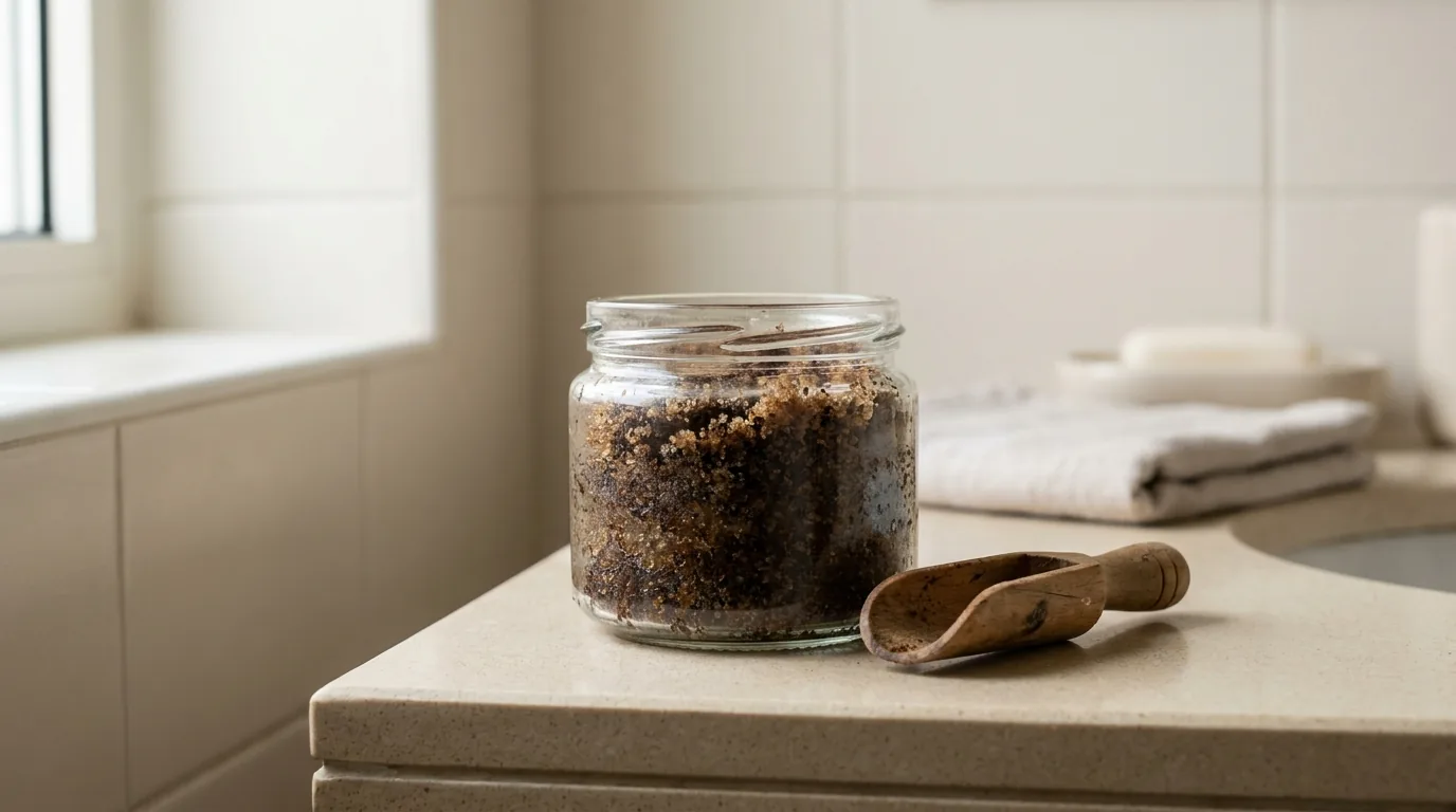 how to use body scrub inline 2 how to make coffee body scrub at home: coffee grounds, brown sugar and coconut oil in a glass jar on a bathroom counter