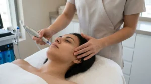 hydrafacial dubai session: facial therapist guiding a skin-resurfacing device across a relaxed clients cheek in a clean treatment room
