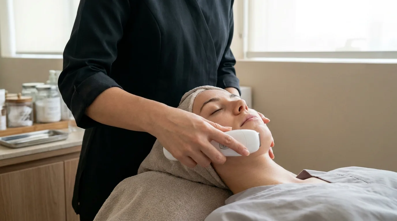 hydrafacial in dubai inline 2 esthetician guiding a skin device across a relaxed client face during a facial in dubai