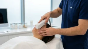 hyperpigmentation treatment dubai: a clinician treating facial pigmentation with a laser device in a modern skin clinic