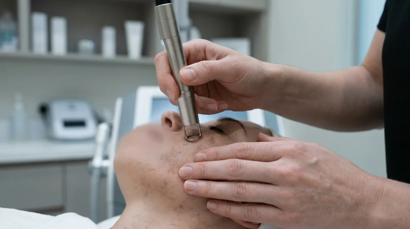 hyperpigmentation treatment dubai inline 1 hyperpigmentation laser dubai session with a clinician treating dark patches on a client cheek under clinic lighting