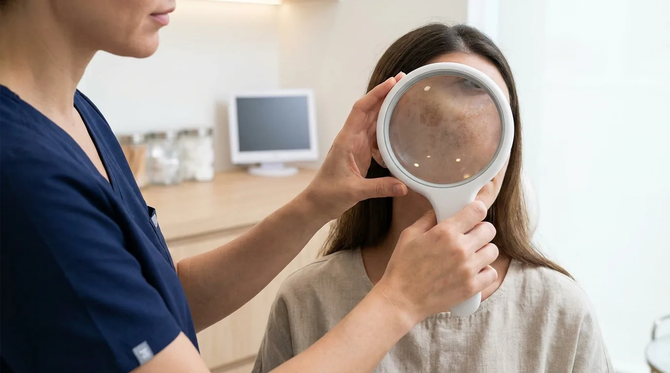 hyperpigmentation treatment dubai inline 2 dark patches on skin before treatment with a dermatologist examining facial pigmentation under a skin-analysis lamp in a dubai clinic