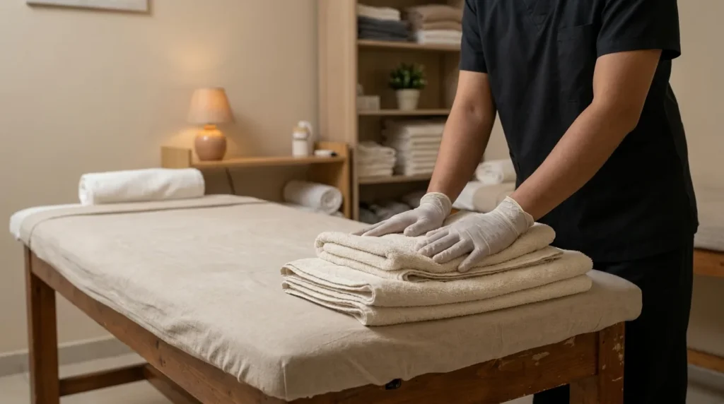 international city massage: licensed therapist in disposable gloves laying fresh towels in a tidy modest treatment room